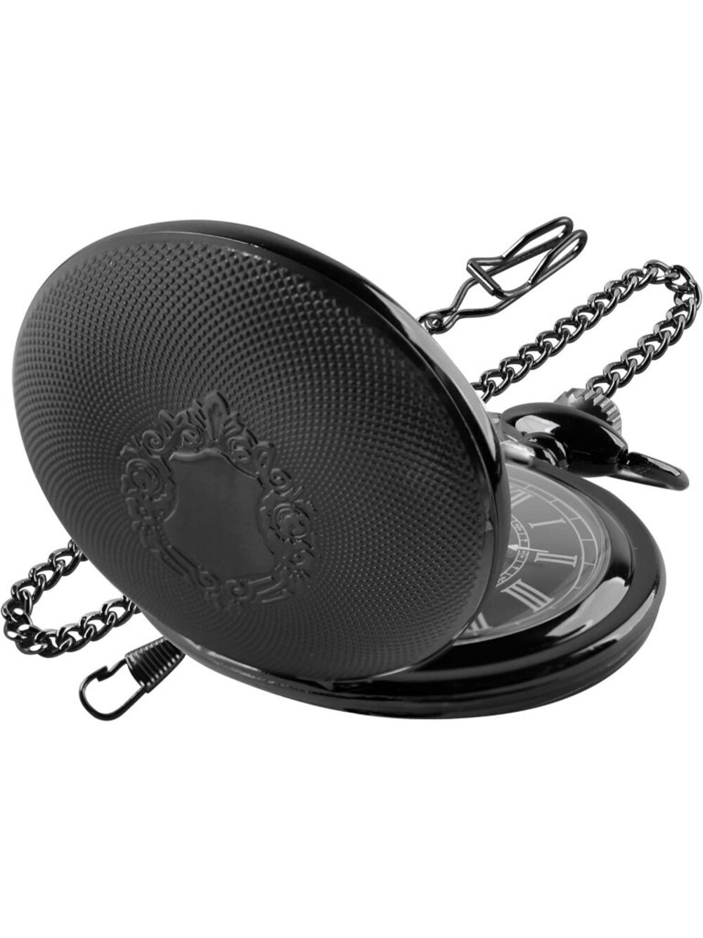 Men's All Black Analog Quartz Flower Arabic Numerals Movement Chain Pocket Watch
